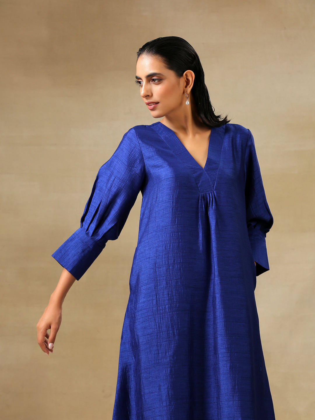 Blue Textured Silk Puff Sleeve Kurta Pant Set  | SHOBITAM