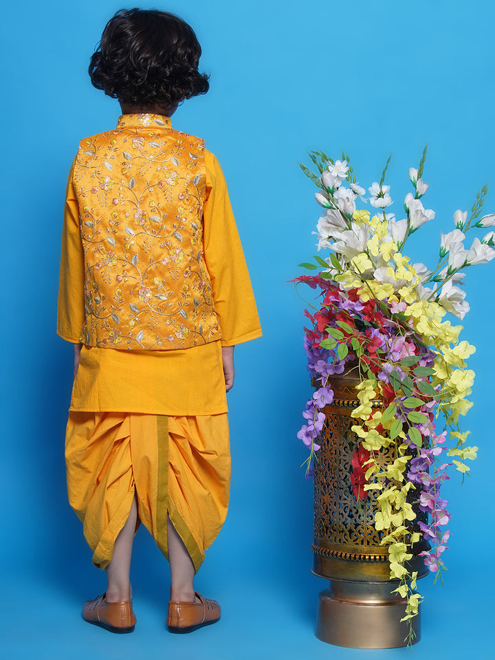 Boys Cotton Full Sleeves Kurta with Nehru Jacket and Dhoti with Floral Embrodiery -Haldi Yellow | SHOBITAM