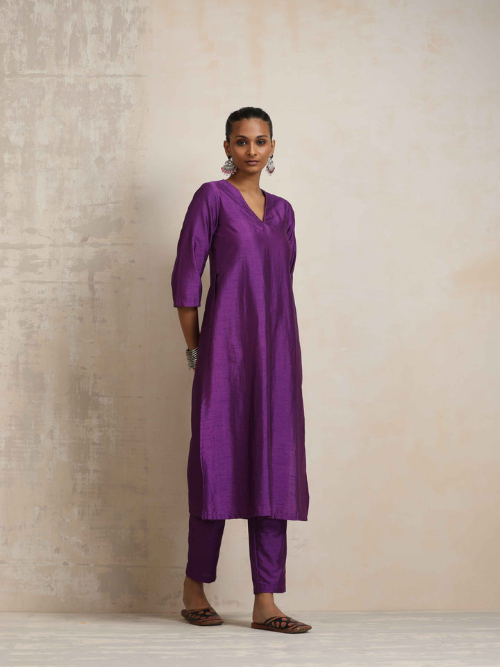 Purple Silk High Slit Kurta Set | SHOBITAM