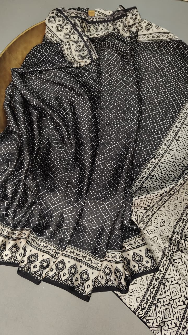 Statement Black and White Authentic Ajrakh  Hand Block Print on Modal Silk Saree | SHOBITAM
