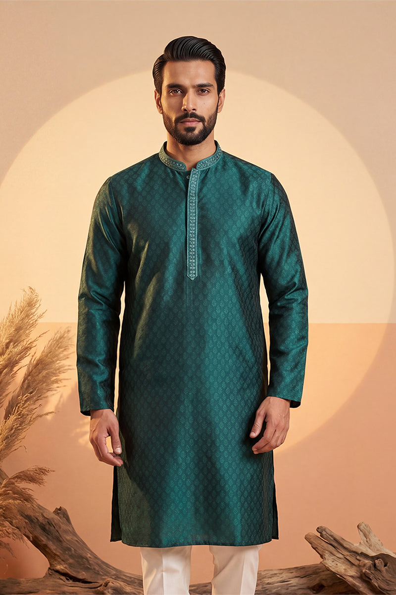 Mens Green Silk Blend Woven Design Straight Kurta With Trouser | SHOBITAM