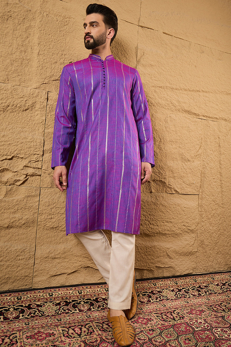 Purple Pure Cotton Solid Embroidered Straight Kurta with Trouser  | SHOBITAM