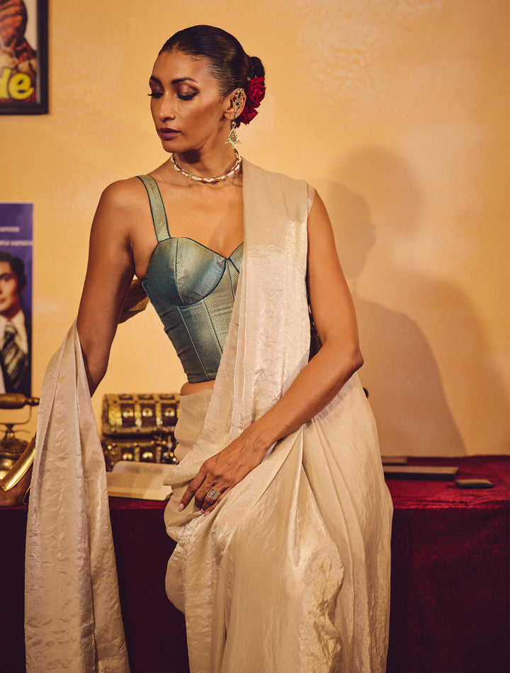 Silver Tissue Saree With Unstitched Blouse | SHOBITAM