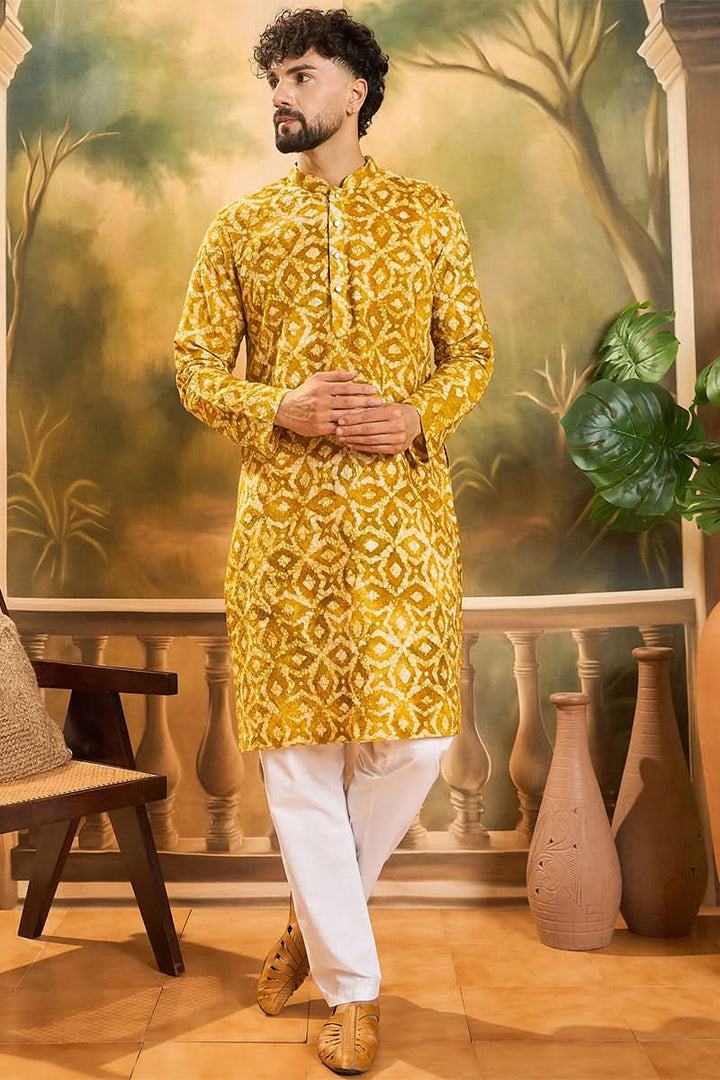 Yellow Pure Cotton Shibori Embroidered Straight Kurta with Trouser | SHOBITAM