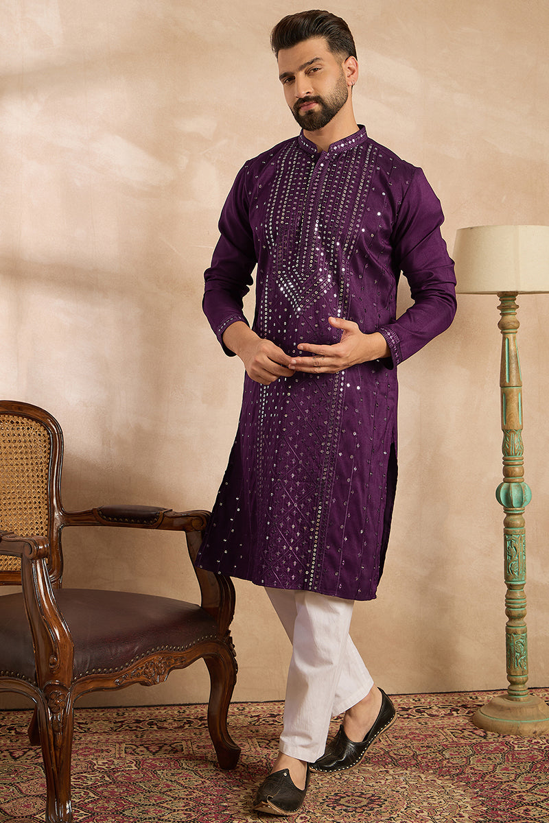Purple Silk Blend Geometric Embroidered Straight Kurta With Trouser | SHOBITAM