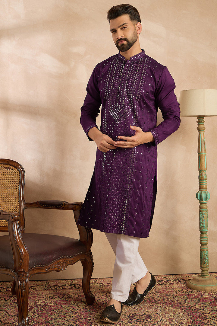 Purple Silk Blend Geometric Embroidered Straight Kurta With Trouser | SHOBITAM