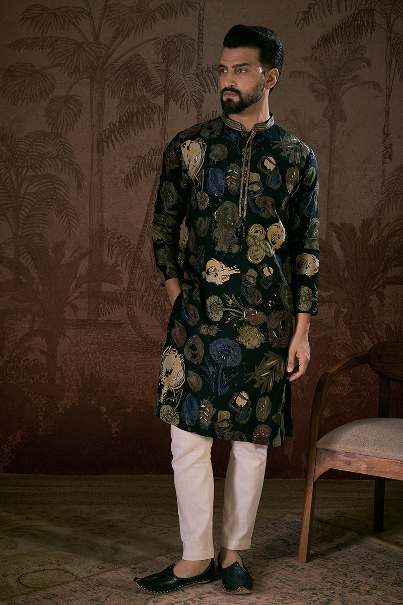 Black Silk Blend Floral Printed Straight Kurta With Trouser| SHOBITAM