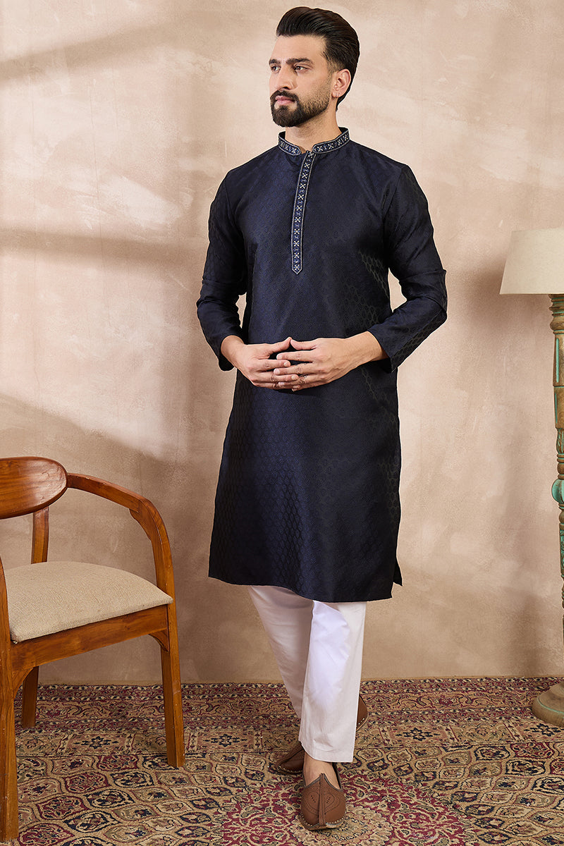 Navy Blue Silk Blend Solid Woven Design Straight Kurta | SHOBITAM