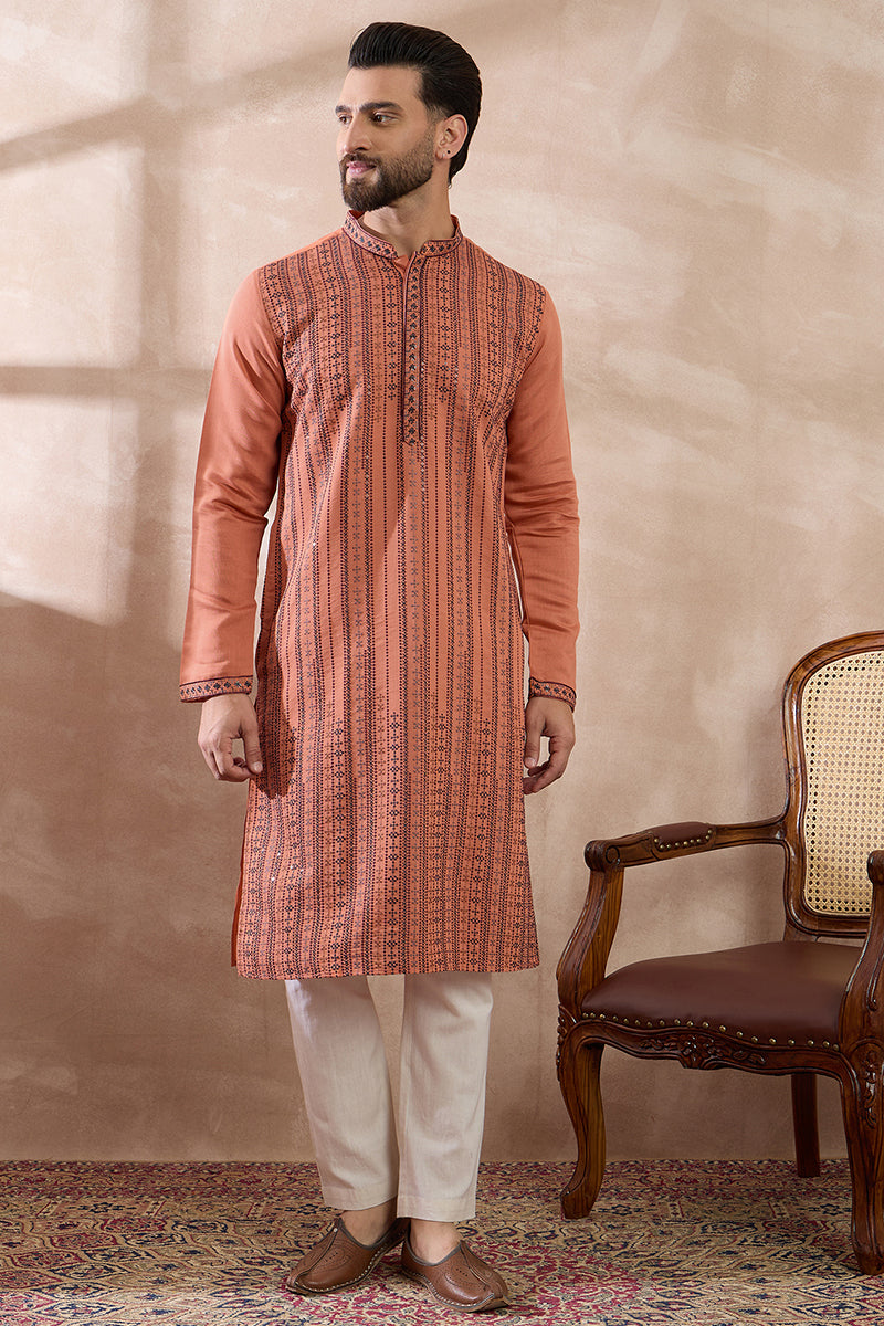 Orange Silk Blend Embroidered Mandarin Collar Straight Kurta For Men | SHOBITAM