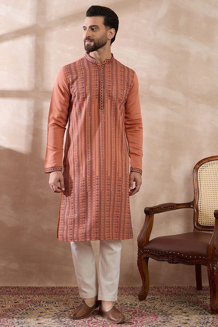 Orange Silk Blend Embroidered Mandarin Collar Straight Kurta For Men | SHOBITAM