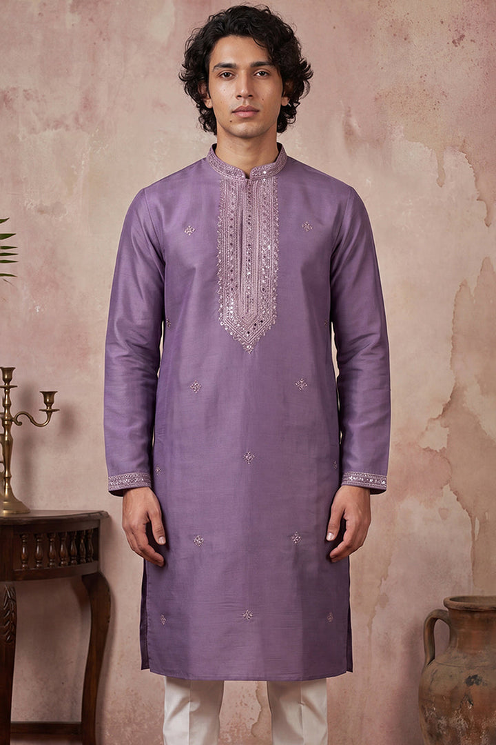 Mens Lavender Silk Blend Solid Emboidered Sequins Kurta With Trouser | SHOBITAM