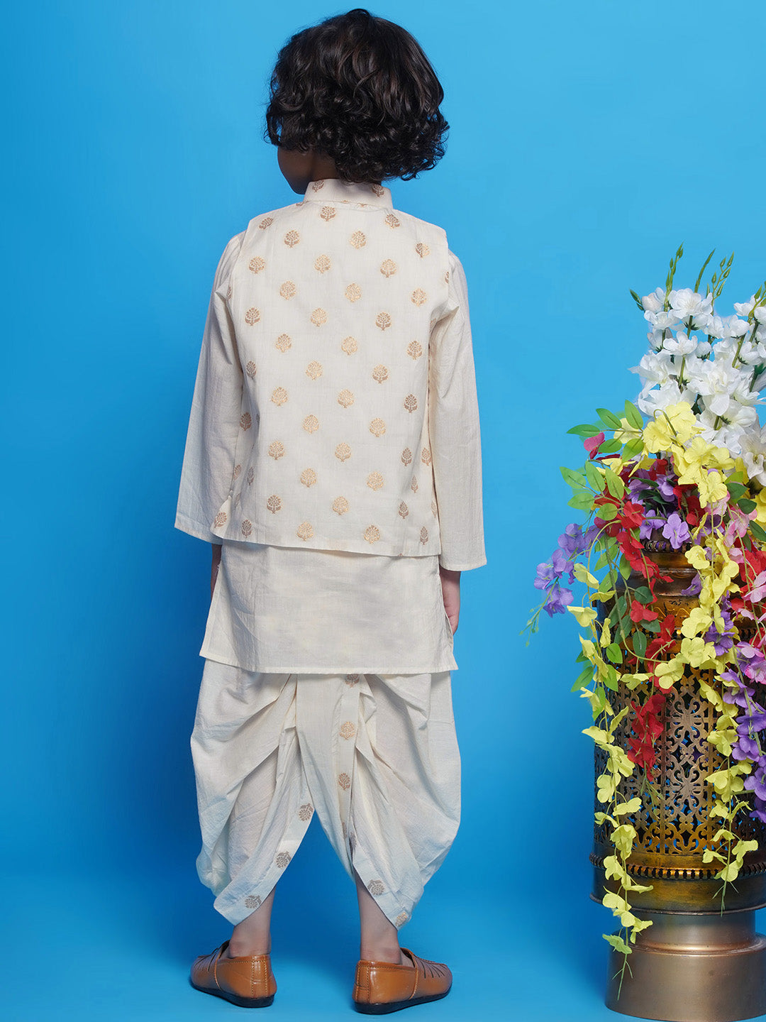 Cotton Sleevelees Golden Floral Embrodiery Nehru Jacket with Kurta and Dhoti - Cream | SHOBITAM