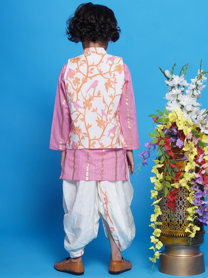 Cotton Sleevelees Floral Bird Thread Embrodiery Nehru Jacket with Striped Kurta and Dhoti - Pink and Cream | SHOBITAM