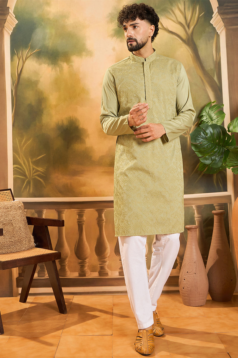Green Silk Blend Solid Embroidered Straight Kurta | SHOBITAM
