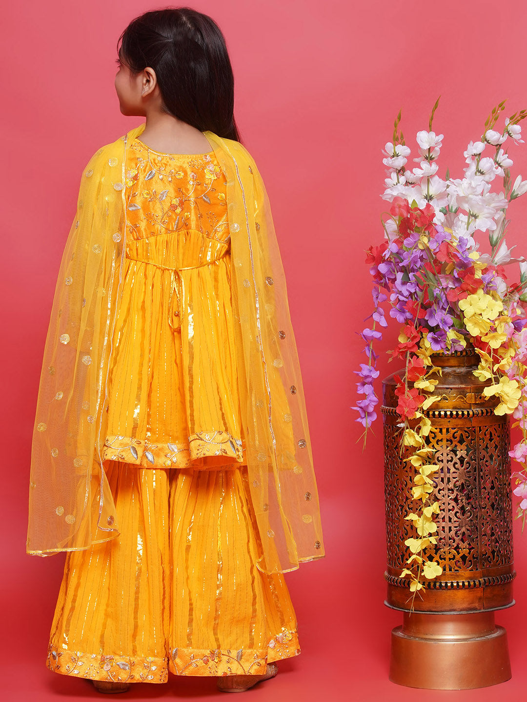 Cotton Three Fourth Sleeves Floral Embroidery Kurta Sharara with Jacket and Dupatta - Haldi Yellow | SHOBITAM