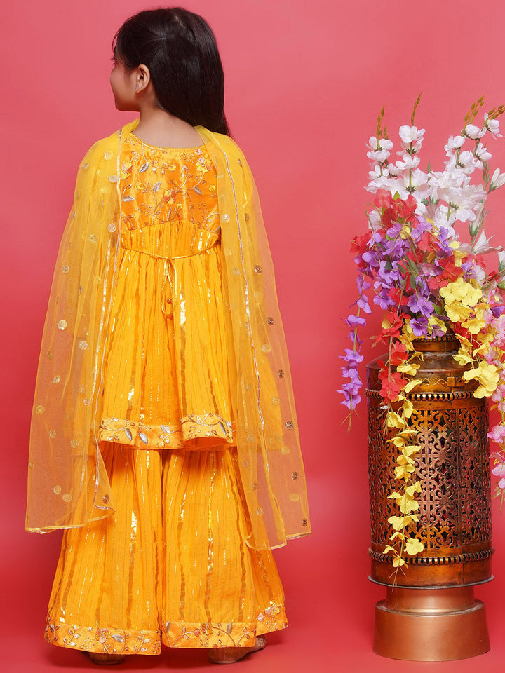 Cotton Three Fourth Sleeves Floral Embroidery Kurta Sharara with Jacket and Dupatta - Haldi Yellow | SHOBITAM