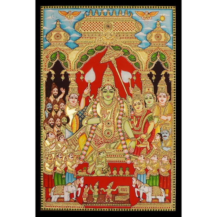 36*24" Ramar Pattabhishegam Tanjore Painting Authentic with 22 Ct Gold Foil and Jaipur Gemstones, Unframed | SHOBITAM
