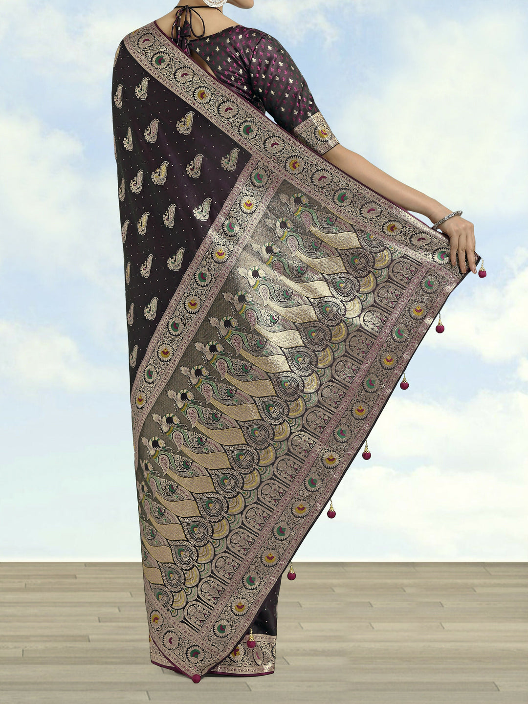 Wine Color Banarasi Satin Silk Zari Weaving Saree | SHOBITAM