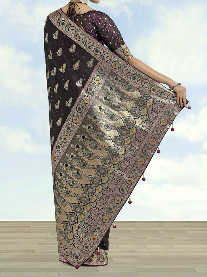 Wine Color Banarasi Satin Silk Zari Weaving Saree | SHOBITAM