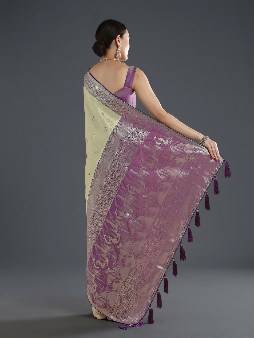 Cream Banarasi Semi Silk Saree With Zari Woven Design | SHOBITAM