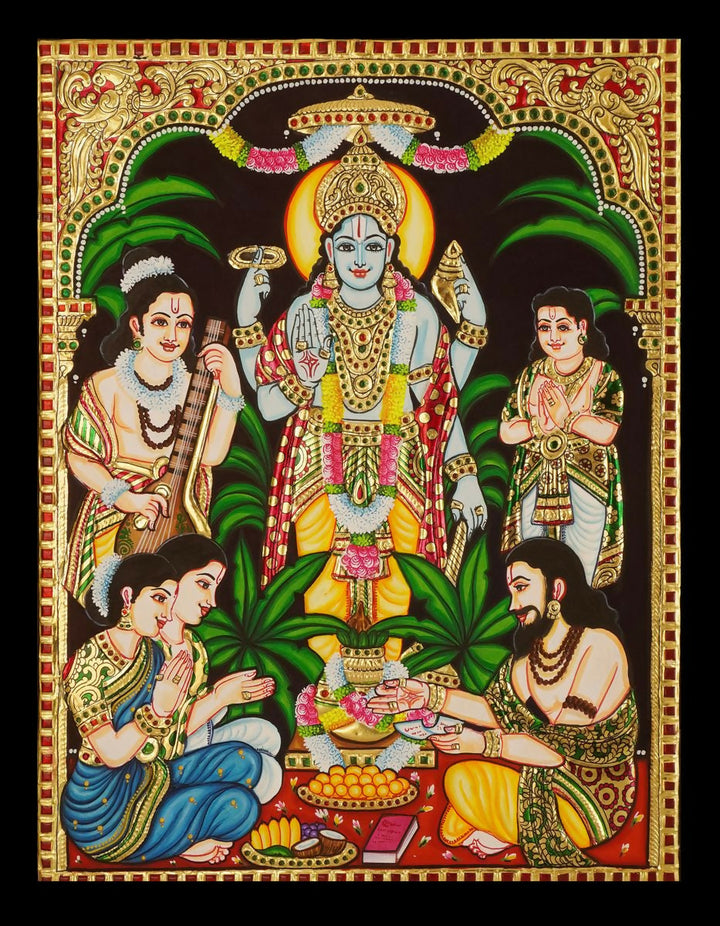 18*14" Sathyanarayana Tanjore Painting Authentic With 22 Ct Gold Foil and Jaipur Gemstones, Unframed | SHOBITAM