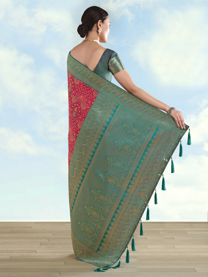 Rani pink Banarasi Semi Silk Saree With Traditional Paisley Weaves | SHOBITAM