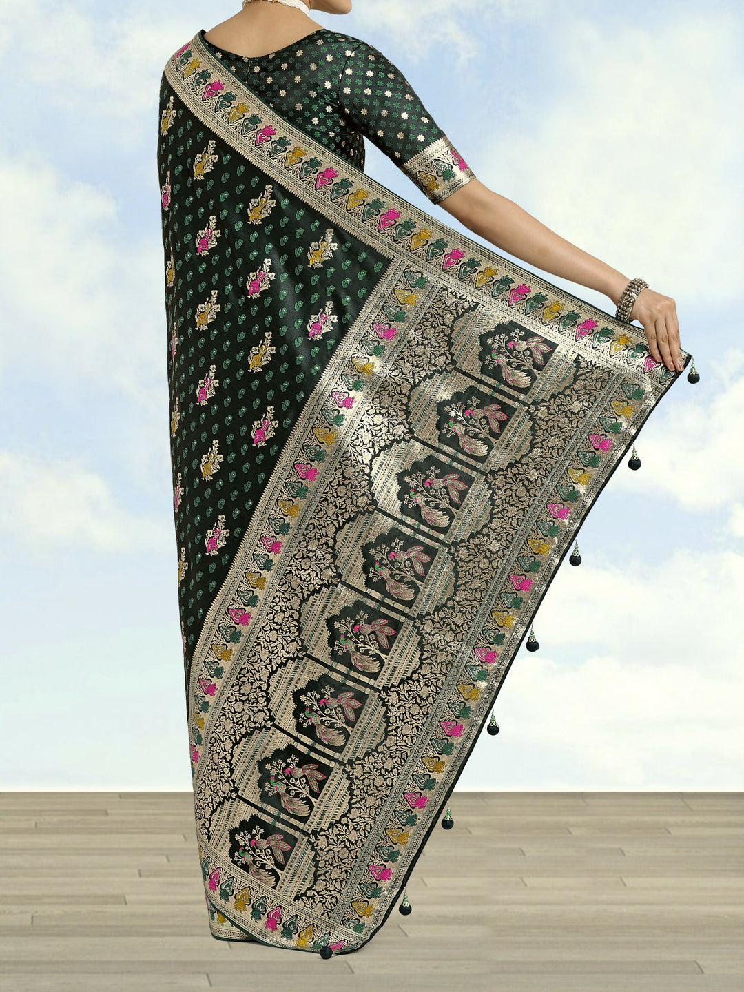 Dark Green With Gold Bordar Banarasi Satin Zari Woven Saree | SHOBITAM