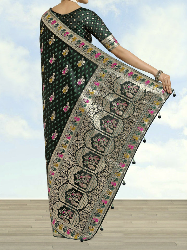 Dark Green With Gold Bordar Banarasi Satin Zari Woven Saree | SHOBITAM