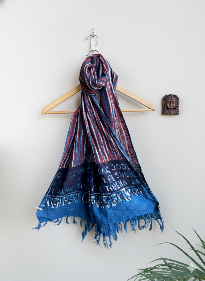 Indigo Ekla Cholo Re Dabu-block printed Cotton stole | SHOBITAM