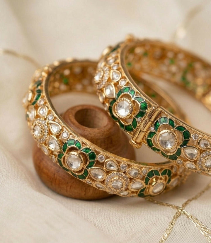 Gold Plated Uncut Polki Moissanite Bangles | SHOBITAM