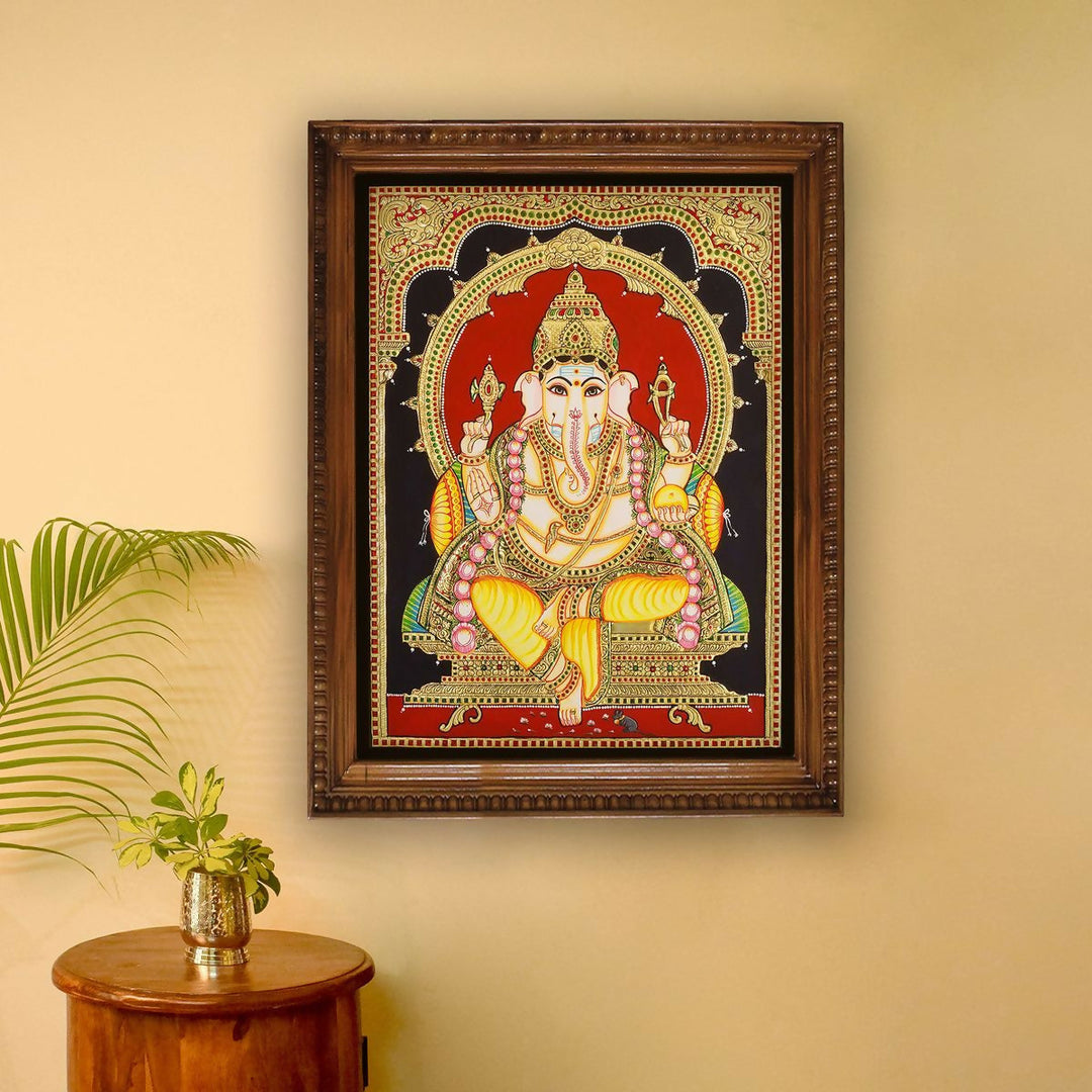18*24 Authentic TANJORE PAINTING YELLOW DHOTHI GANESHA With 22 Ct gold Foil and Jaipur Gemstones,Unframed | SHOBITAM