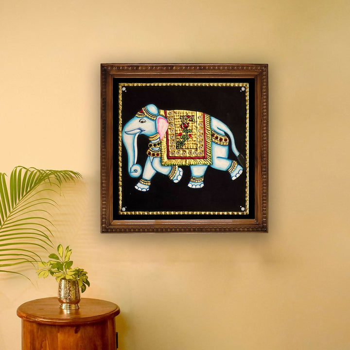 5*5 TANJORE PAINTING ELEPHANT Authentic With 22 Ct Gold Foil and Jaipur Gemstones,Unframed | SHOBITAM