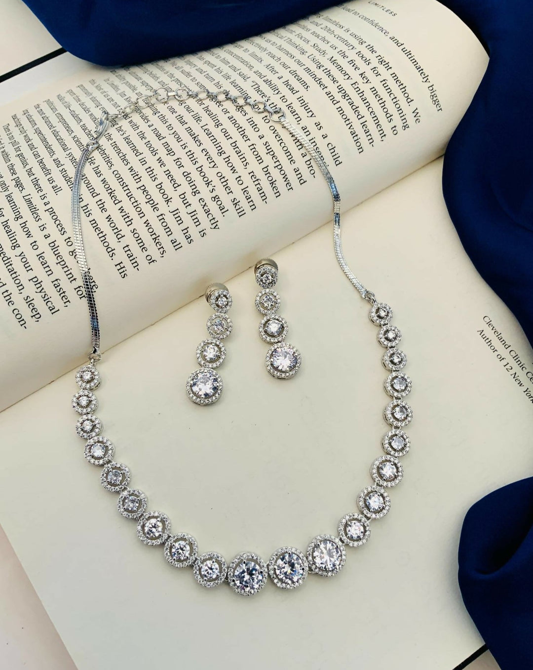 Round Silver Plated American Diamond Necklace Set | SHOBITAM