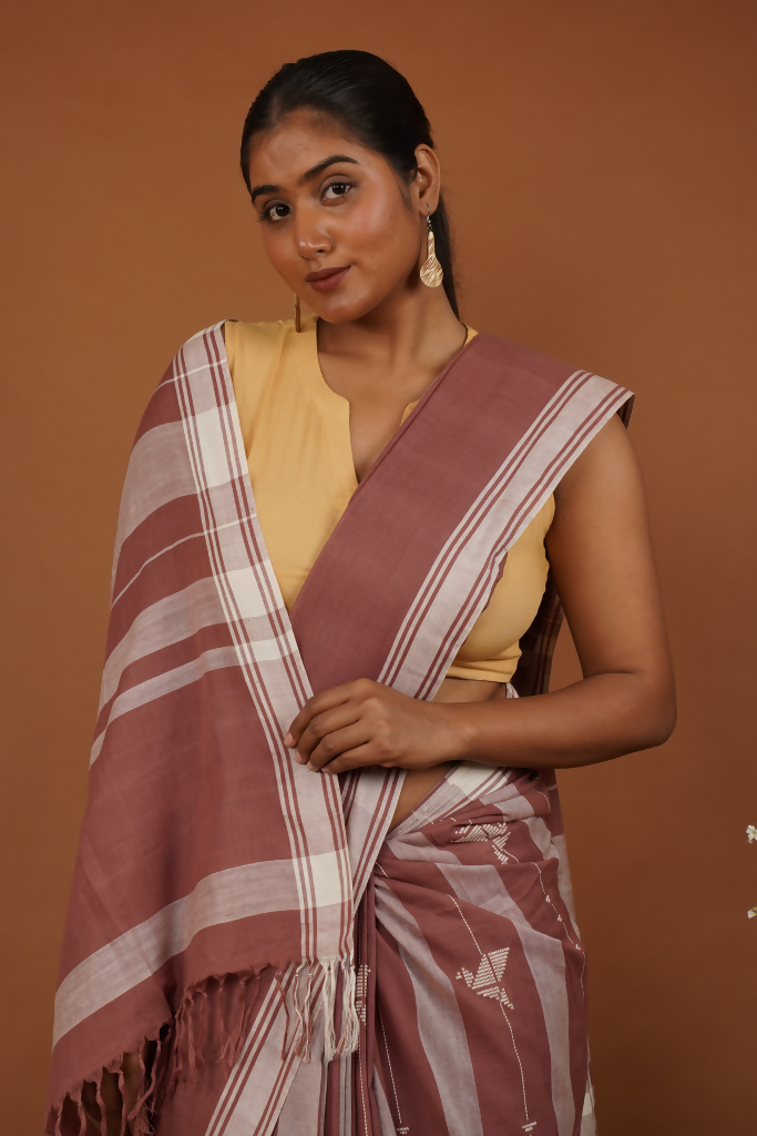 Flying Bird Handwoven Bawan Buti Terrocota Rose Cotton Saree | SHOBITAM