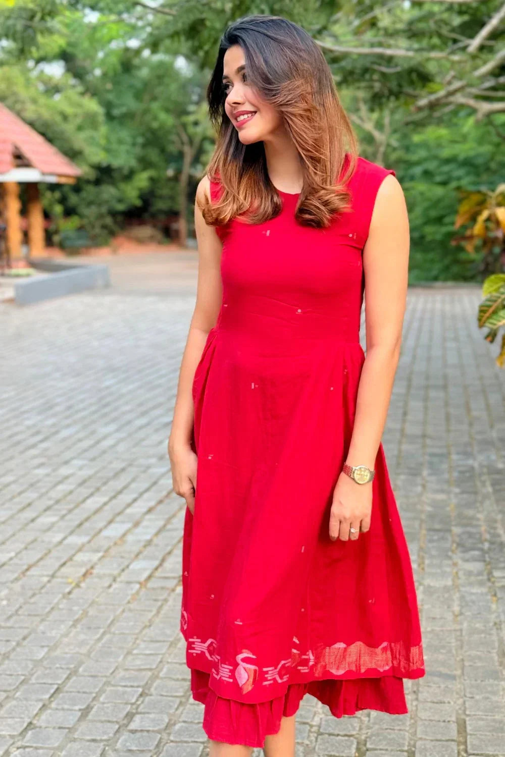 Radiance Red Layered Jamdani Dress | SHOBITAM