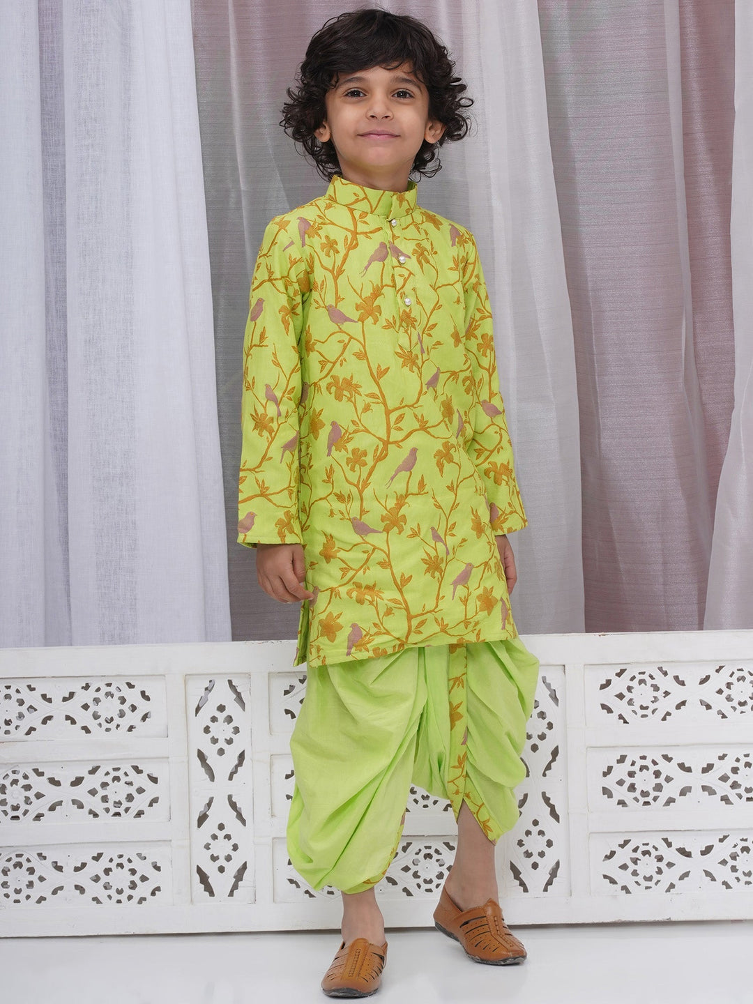 Boys Cotton Full Sleeves Kurta and Dhoti with Floral Bird Thread Embroidery- Green | SHOBITAM