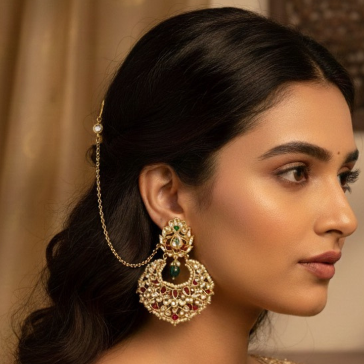 Golden Anti Tarnish Chain and Kundan Ear Chain - Earrings included | SHOBITAM
