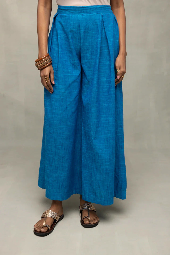 Azure Blue Textured Co-Ord Set with Sleeveless Top & Wide-Leg Pants | SHOBITAM