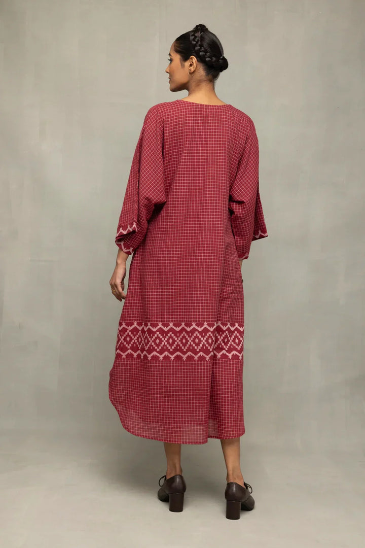 Crimson Checkered Jamdani Kaftan Dress | SHOBITAM