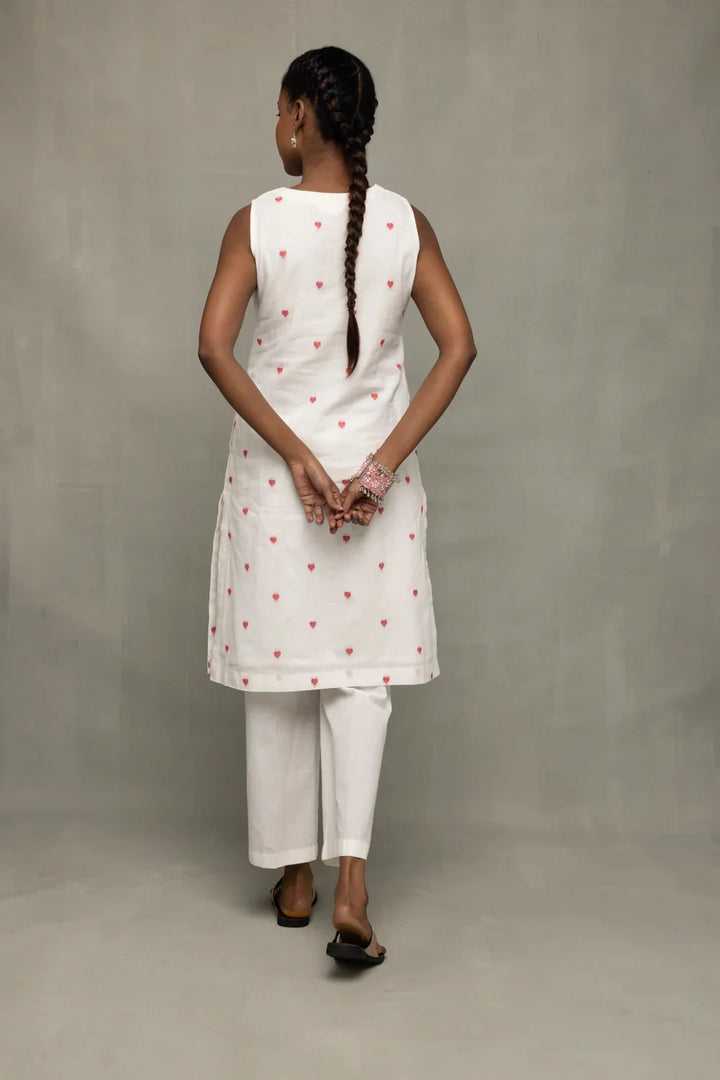 White & Red Hearts South Cotton Kurta Set With Dupatta | SHOBITAM