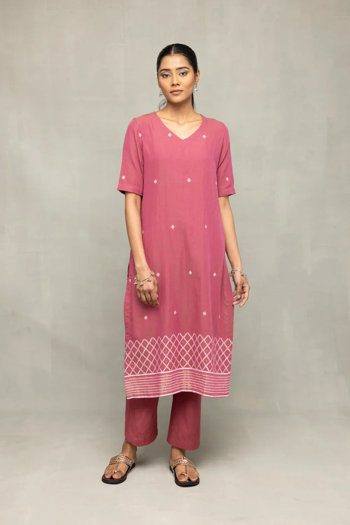 Dusty Rose Cross Motifs Jamdani Kurta Set With Dupatta | SHOBITAM