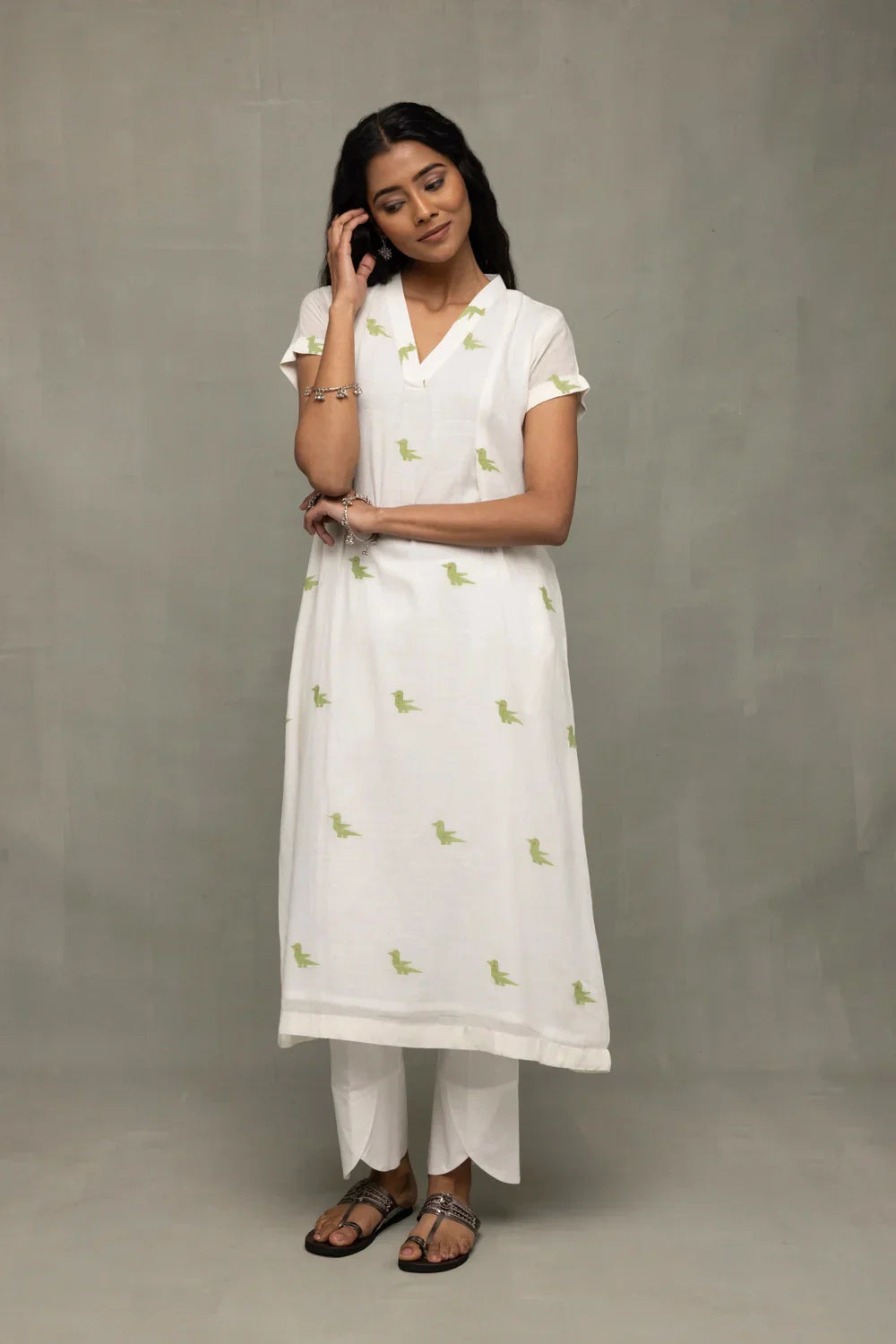 Ivory & Sage Green Bird Motif Jamdani Kurta Set with Dupatta | SHOBITAM