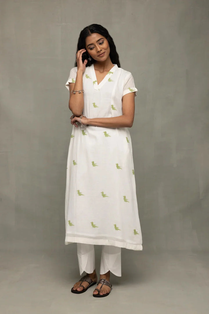 Ivory & Sage Green Bird Motif Jamdani Kurta Set with Dupatta | SHOBITAM