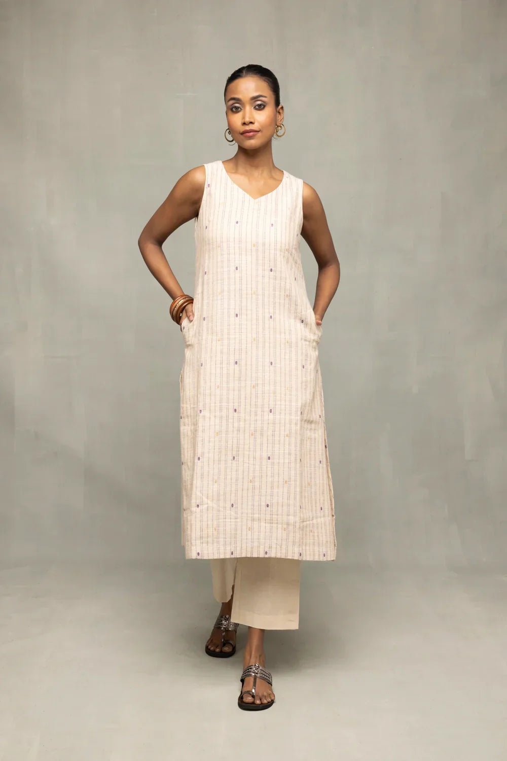 Cream and Mauve South Cotton Zari Kurta Set with Dupatta | SHOBITAM