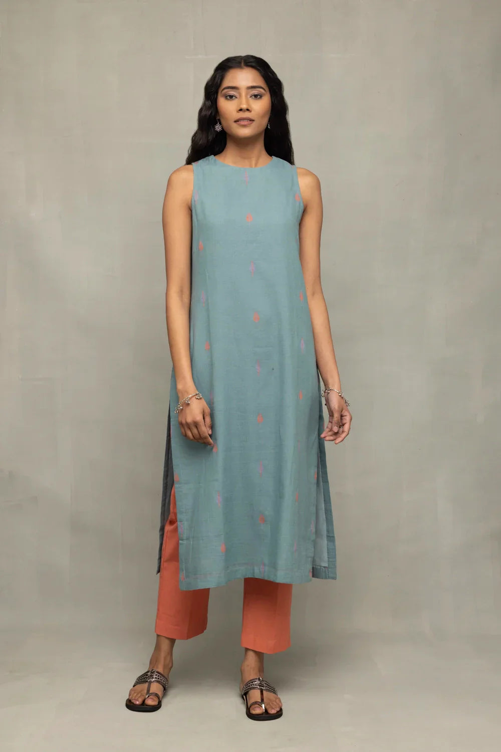 Zen Blue Straight Fit Jamdani Kurta Set with Tangerine Leaf Motif Dupatta | SHOBITAM