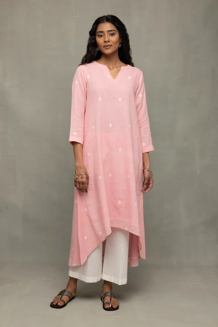 Petal Pink Handwoven Jamdani Kurta Set with Dupatta | SHOBITAM