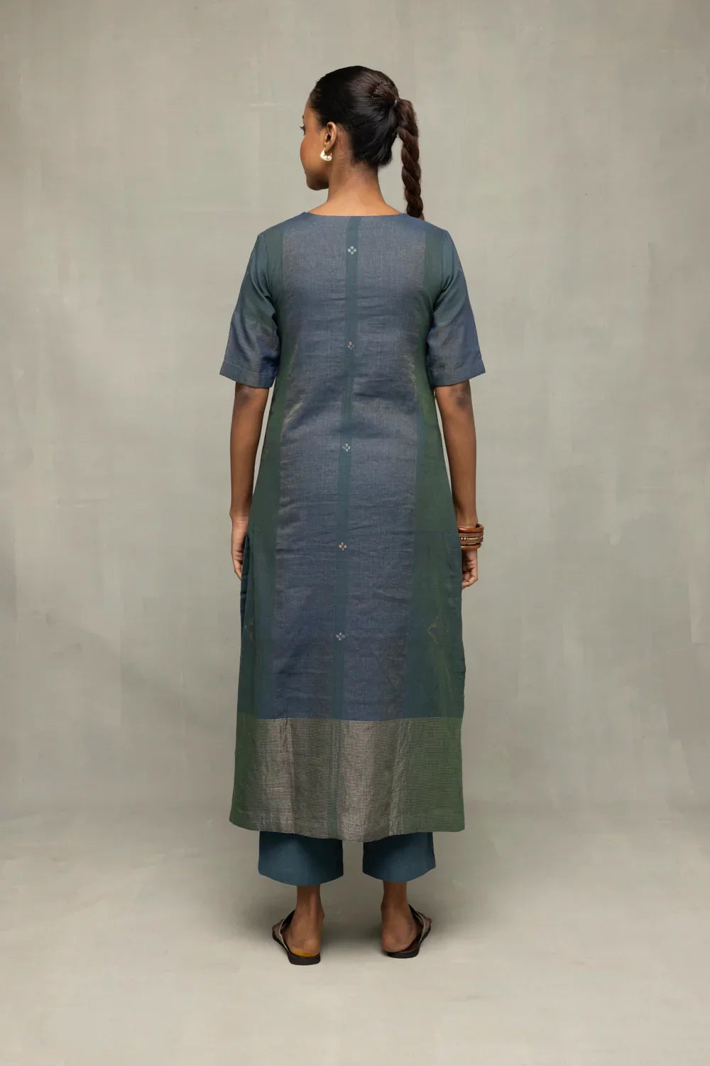 Teal Green Jamdani Kurta Set with Silver Zari Border and Dupatta