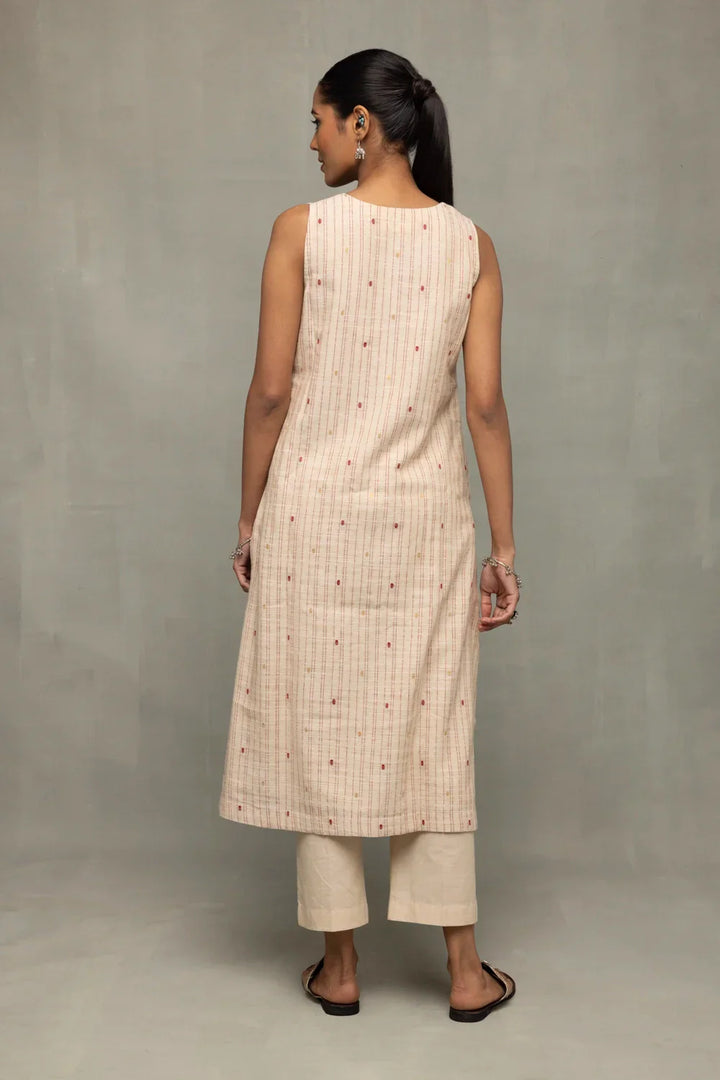 Cream and Pink South Cotton Zari Kurta Set With Dupatta