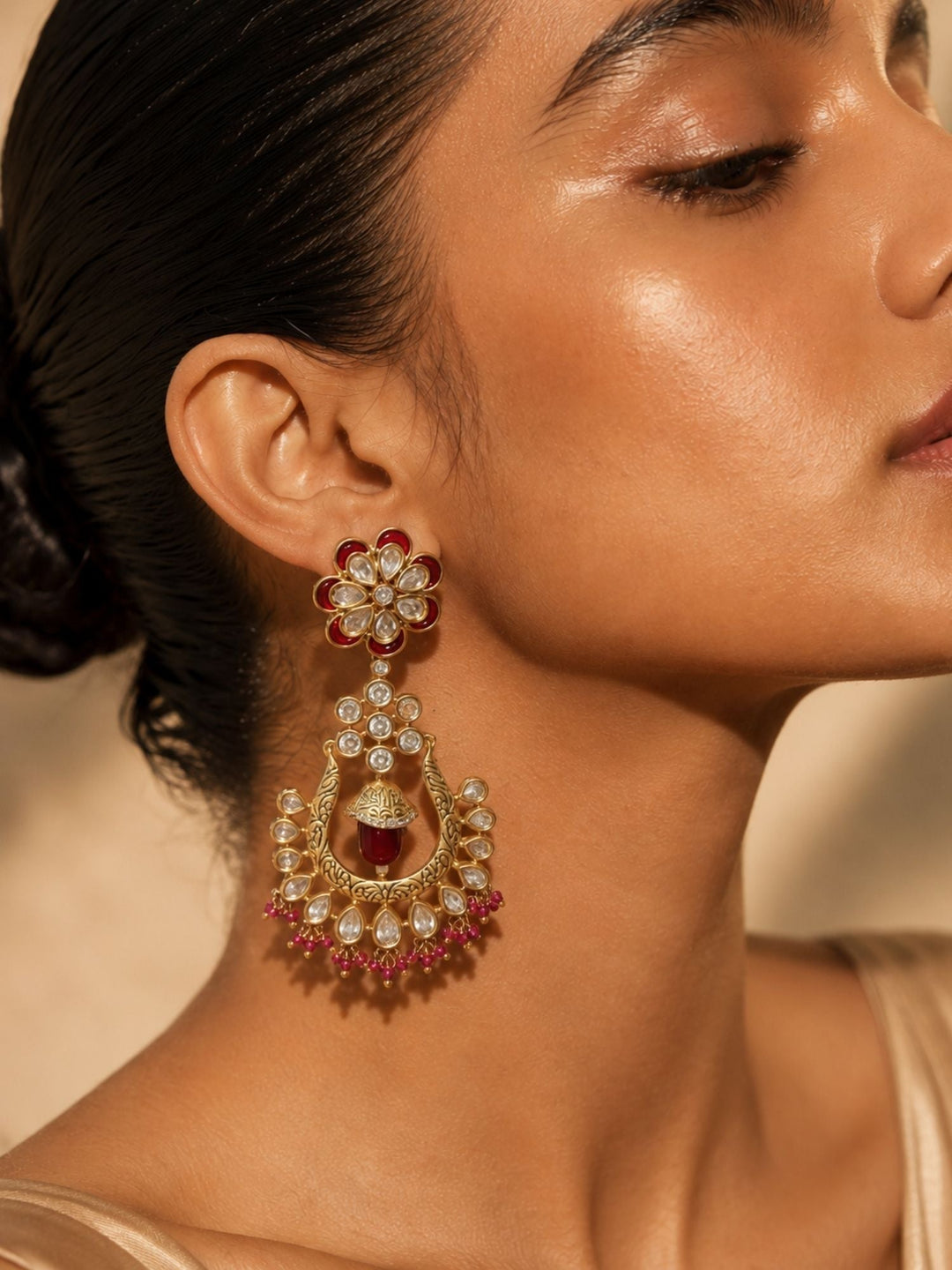 Traditional Red Stone Bridal Jhumka Earrings – Festive Wear | SHOBITAM