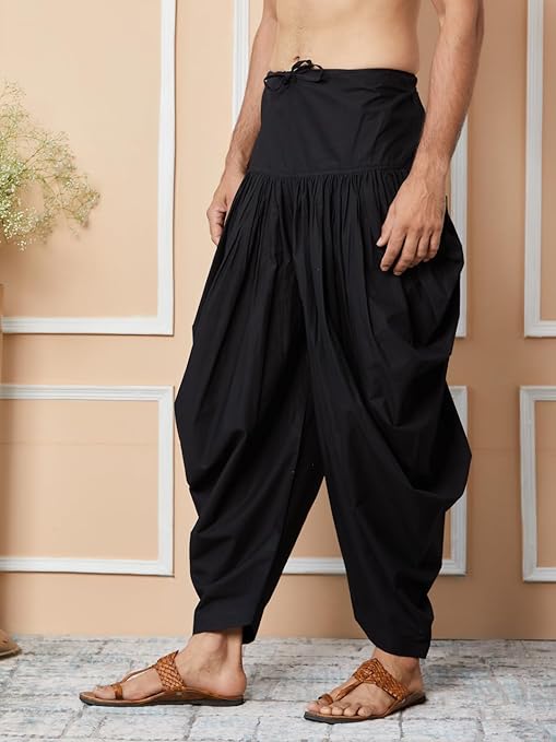 Black Mid-Rise Loose Fit Pure Cotton Elasticated Solid Pleated Dhoti (Salwar) | SHOBITAM
